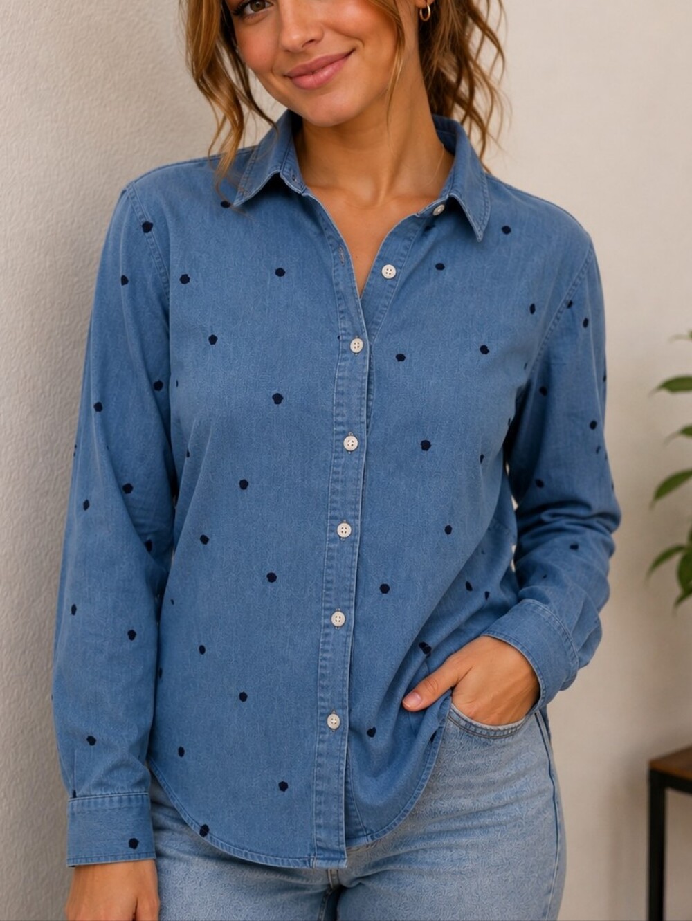 LOFT Light Blue Denim Button-Down Shirt with Black Heart Print